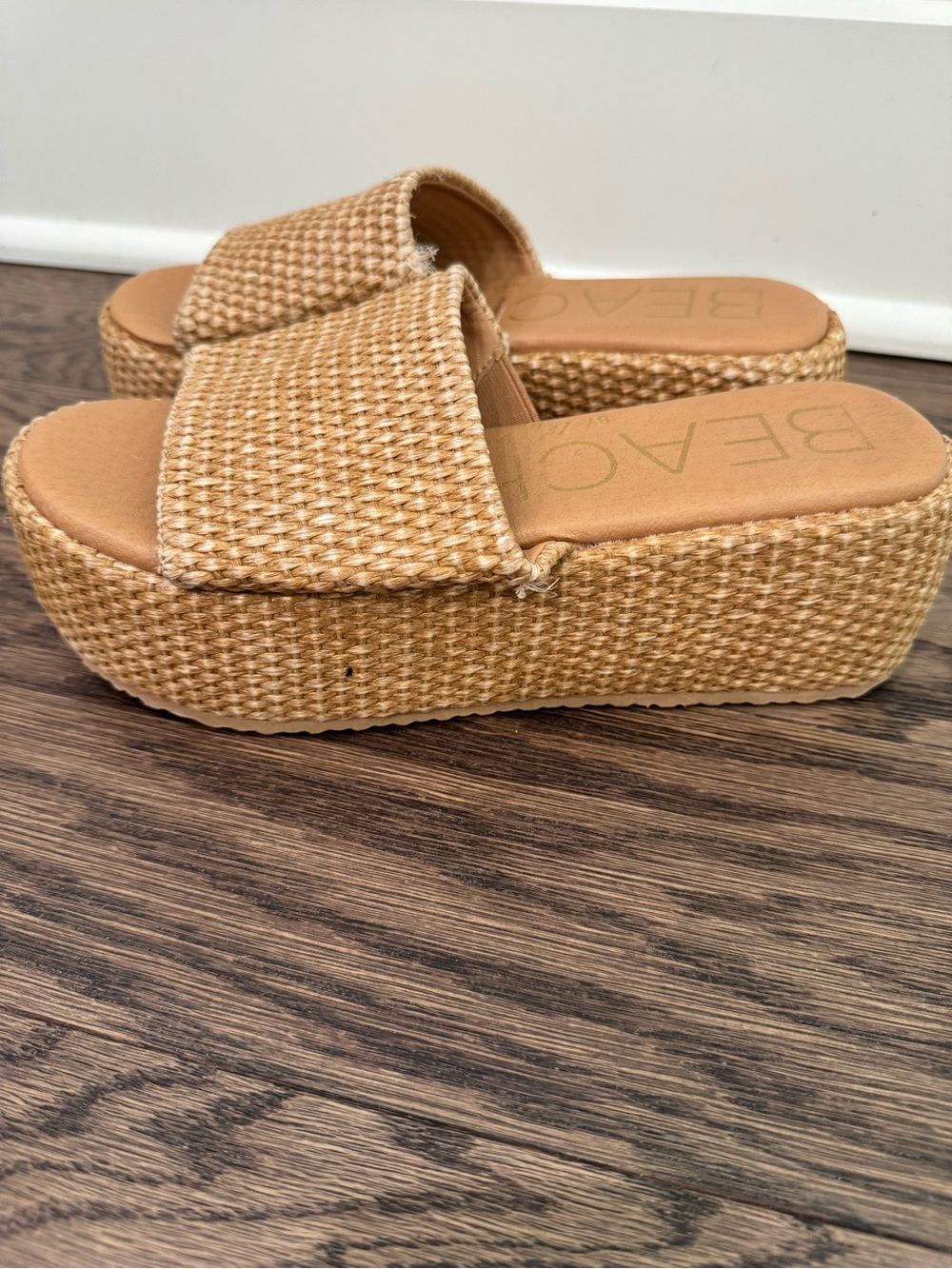 Natural Woven Platform Slide Sandals - Tan